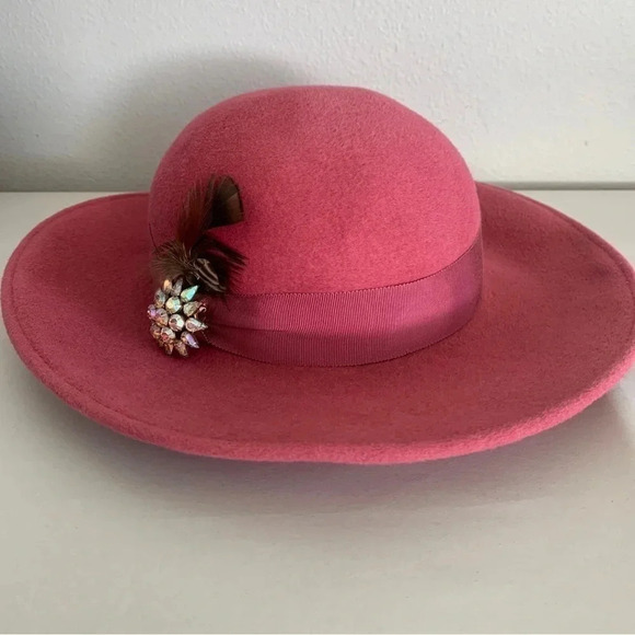 VTG Nordstrom Pink Hat 100% Rabbit Hair Made In England Fedora Derby Brooch Pin - Picture 1 of 15